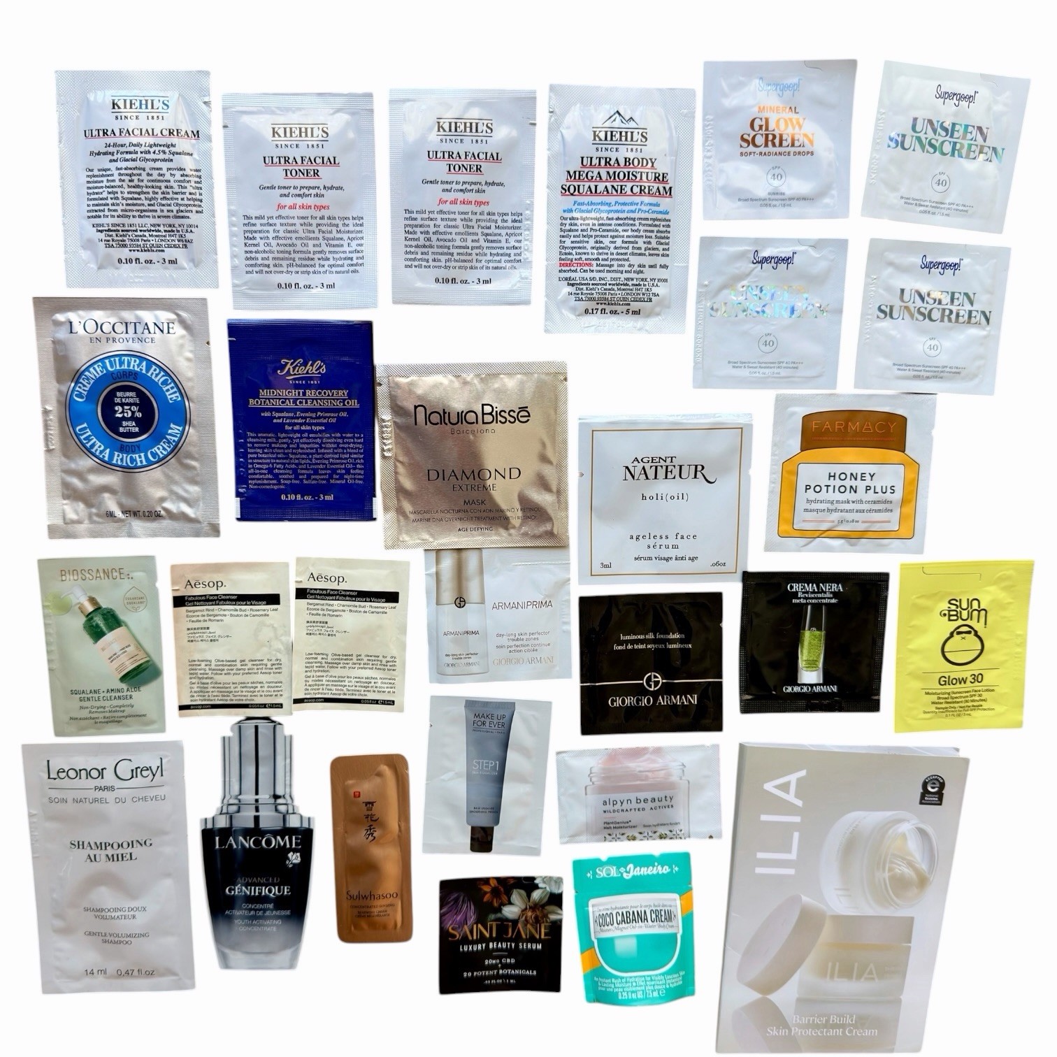 GIANT Lot of 71 Luxury Beauty Samples Skincare Make Up Perfume + Cosmetic Bag
