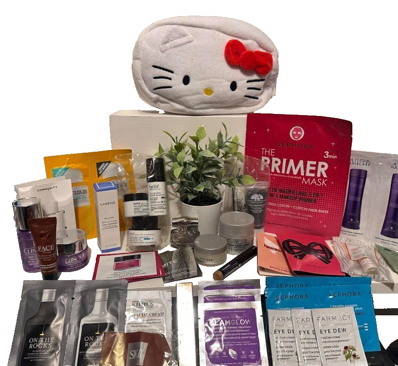 Hello Kitty Bag Makeup Skin Perfume & Haircare Luxury Lot 50+ Trial Size Sample