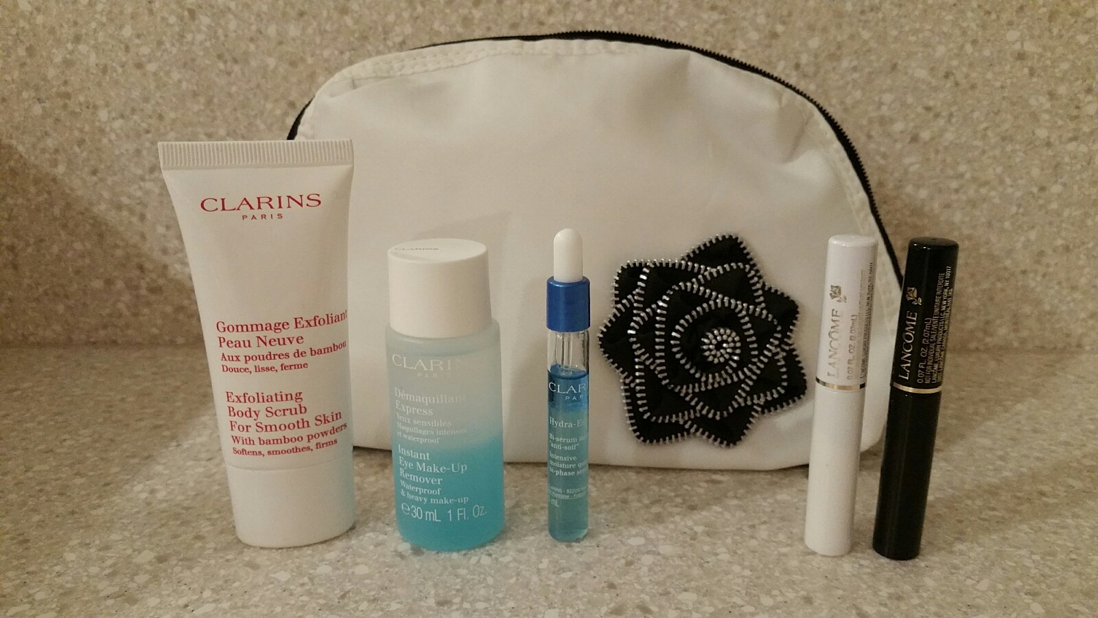 NEW Set Lot Of 5 CLARINS + LANCOME Products Travel Size Samples Cosmetic Bag