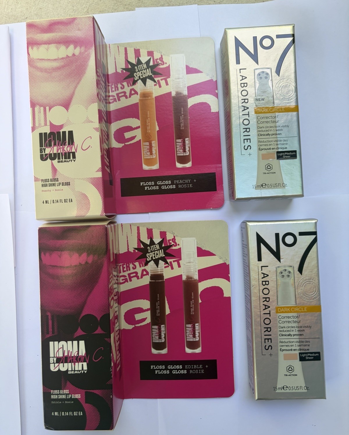 Lot 4 Pc New NOS Makeup No7 Labs Corrector 15mL .5 Oz Light / Med + 2 Lip Gloss