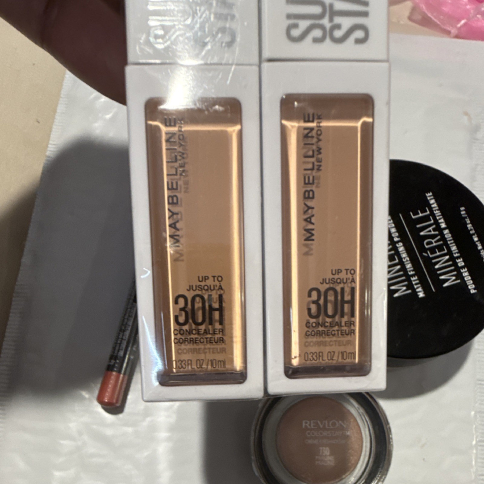 Maybelline Super Stay Concealer, NYX Mineral Powder, Revlon ColorStay Eyeshadow