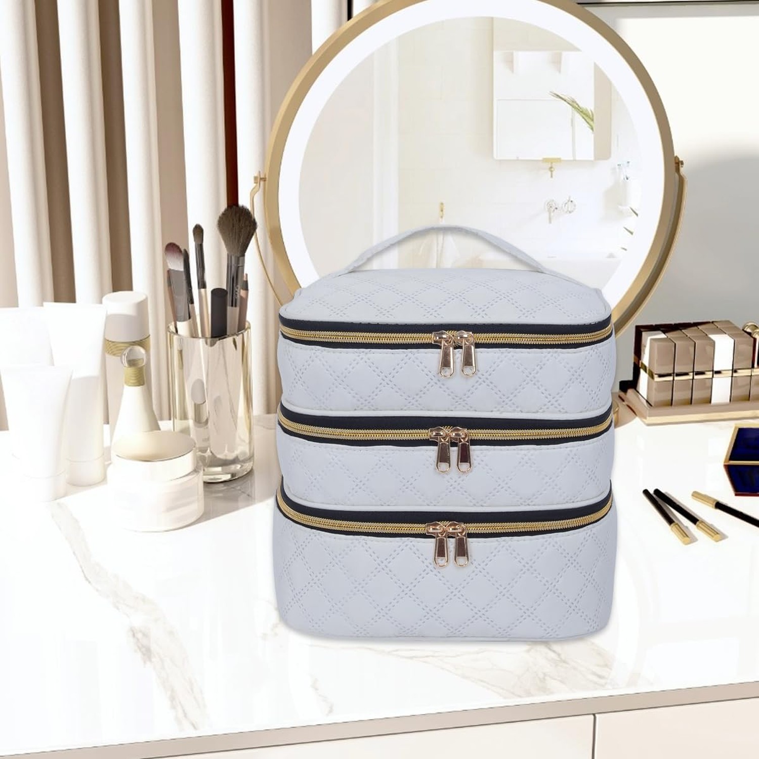 Large Makeup Bag 3 Layers with Handle Travel Organizer Case(Beige) | Large Ma…