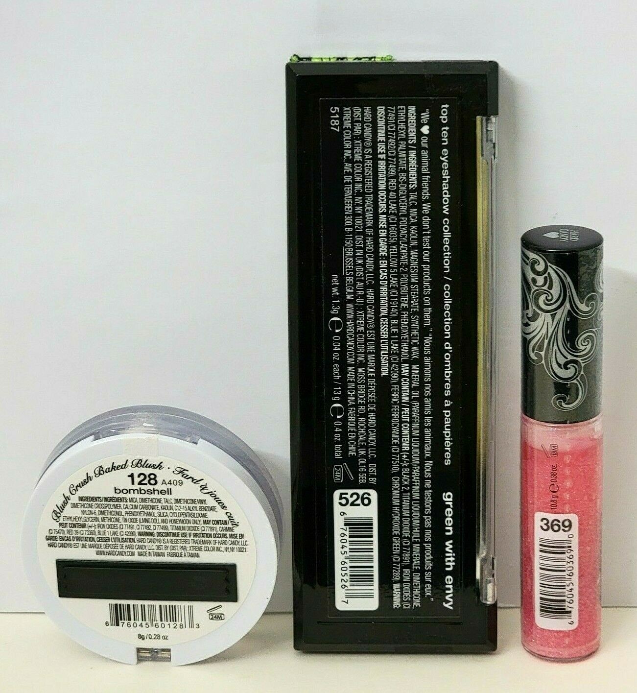 HARD CANDY Cosmetics 1-Lip Gloss 369 TIPSY, 1-Bombshell Blush, 1-Eyeshadow ENVY