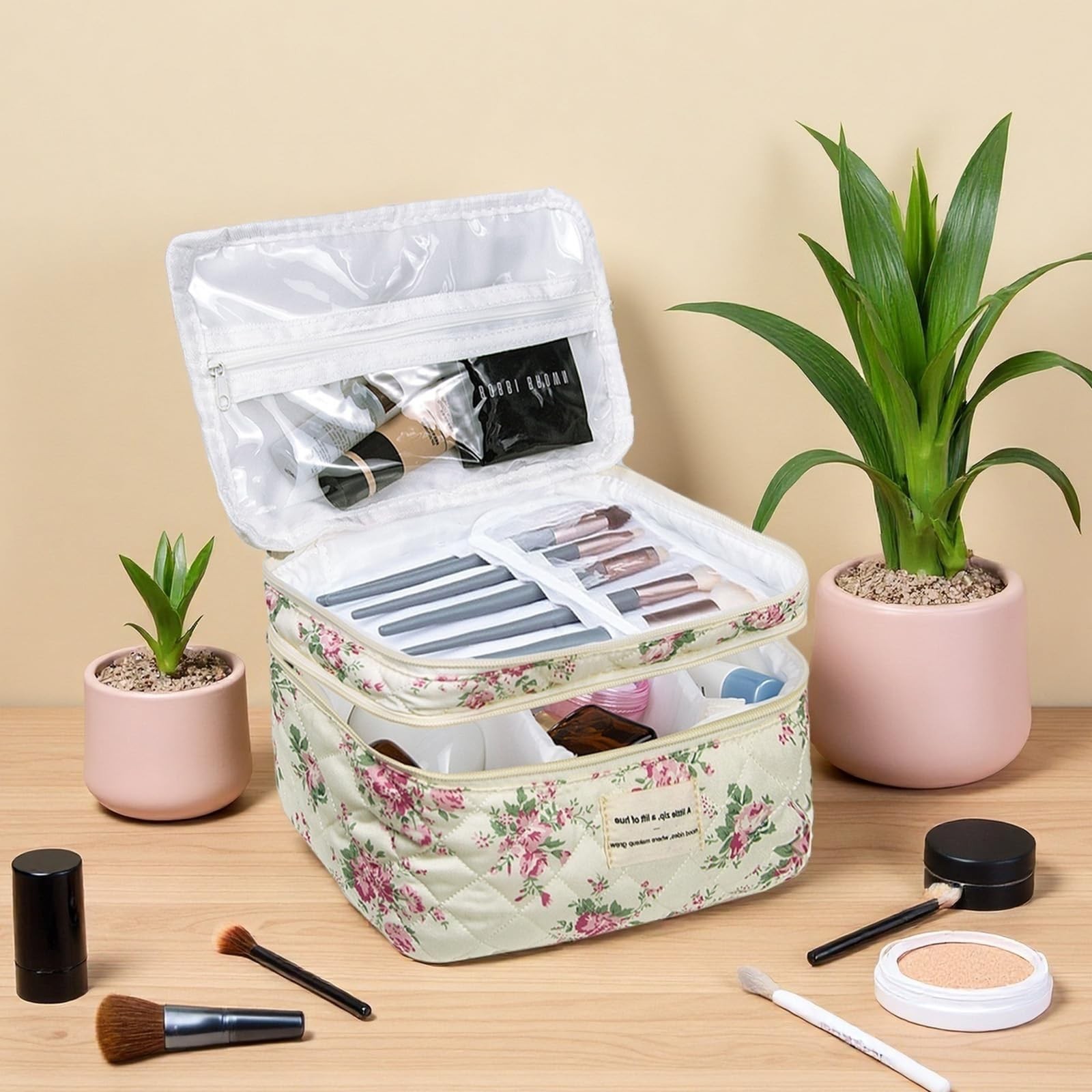 Large Quilted Makeup Bag, Large Floral Cosmetic Bag for Women, Cute Cotton Ma…