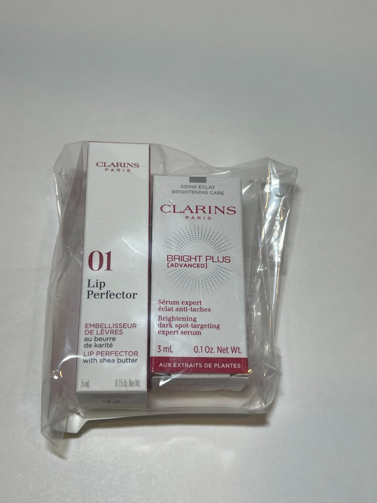 Clarins Natural Lip Perfector 01 Rose Shimmer + Bright Plus Advanced Samples New