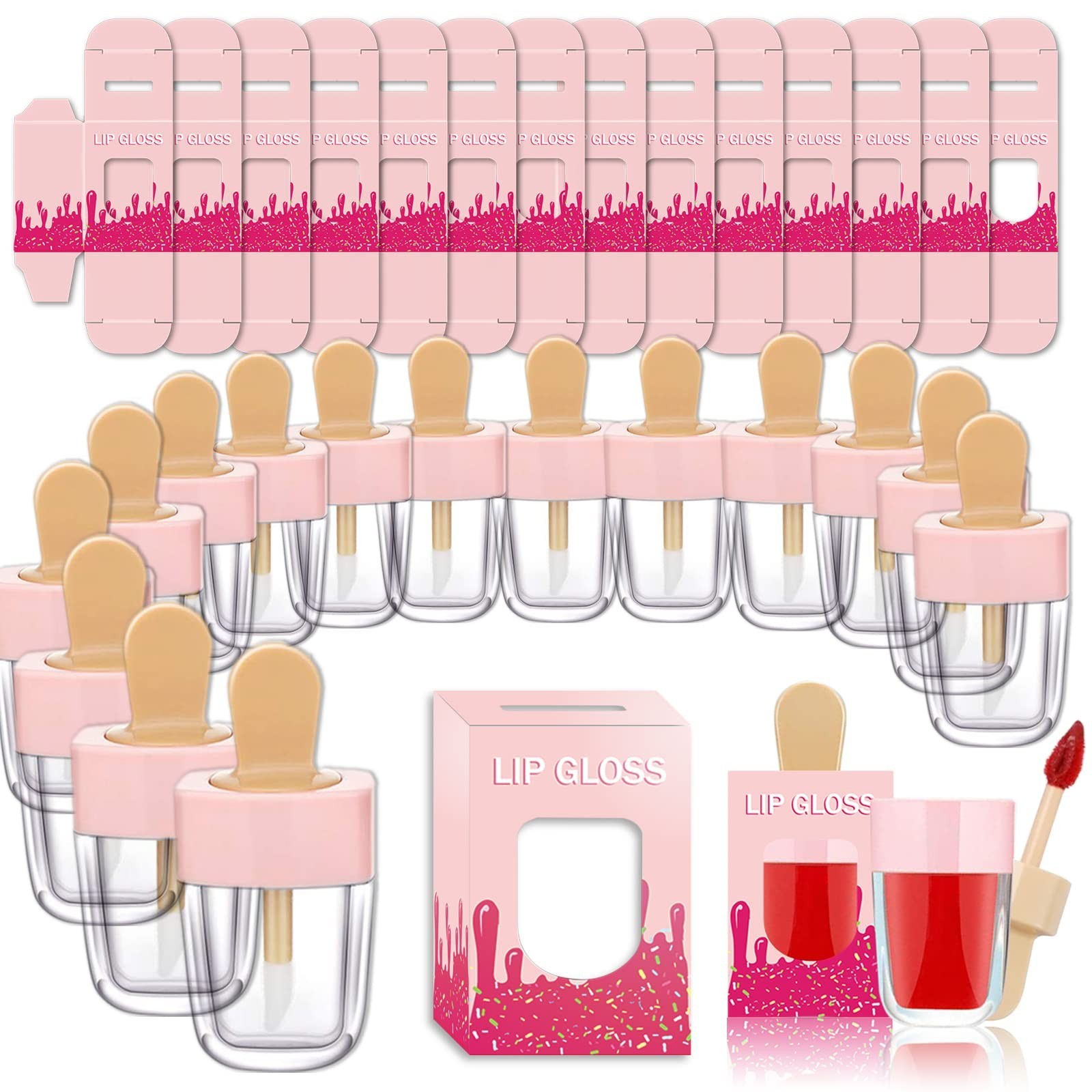 15 Pack Lip Gloss Tubes with Packaging Boxes,Pink Ice-cream Shaped Lipgloss T…