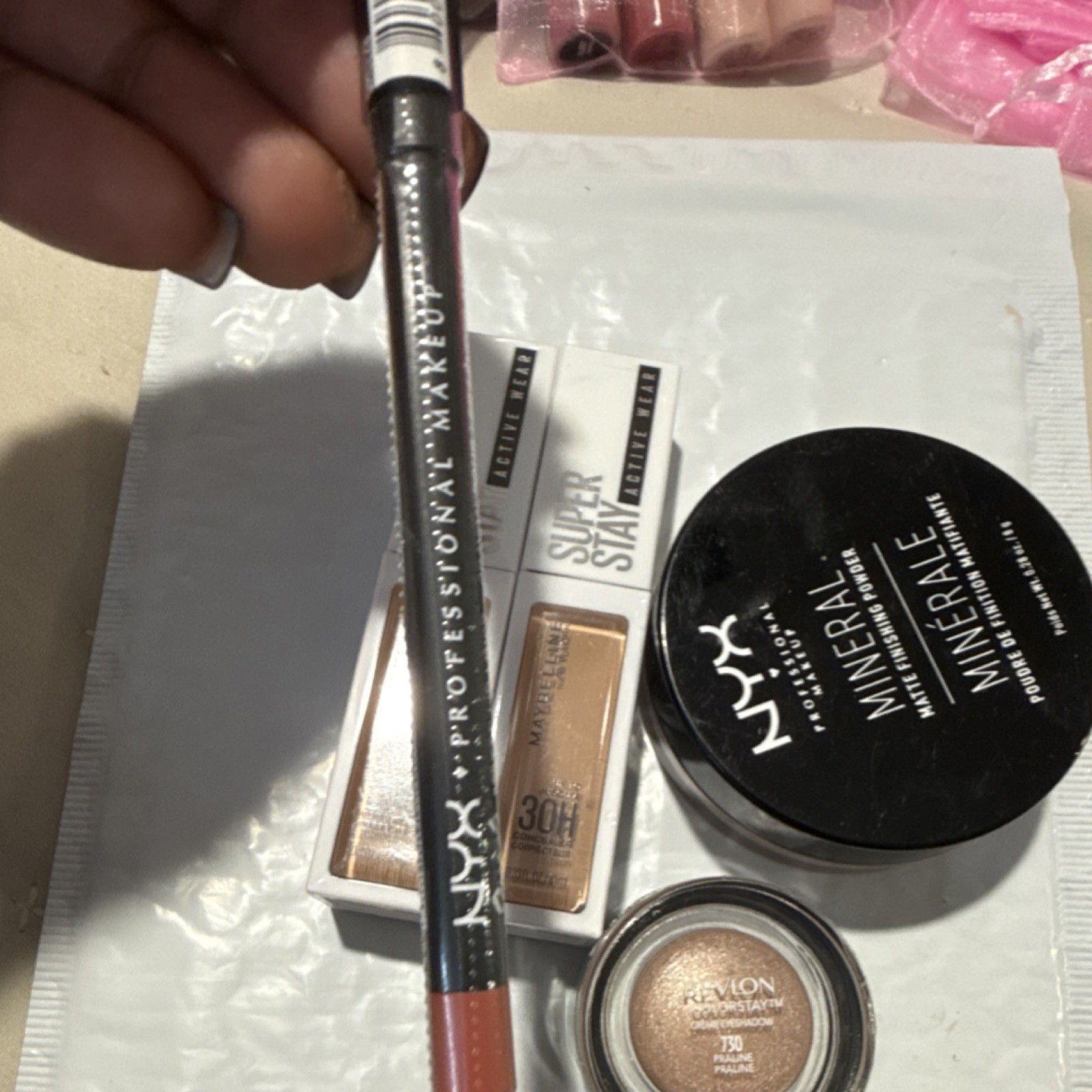 Maybelline Super Stay Concealer, NYX Mineral Powder, Revlon ColorStay Eyeshadow