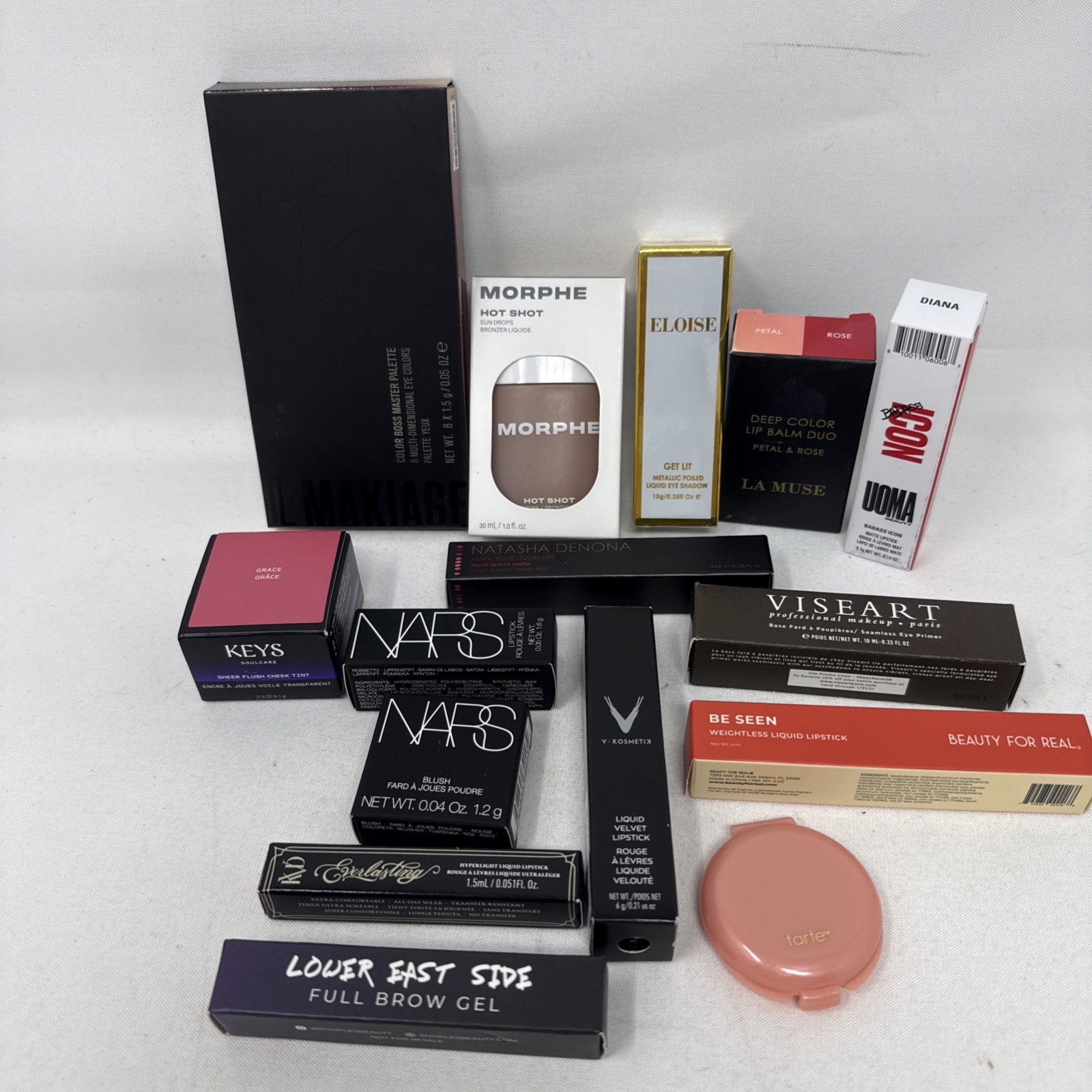15 New Assorted Full Size Makeup Lot:IL Makiage,Morphe, Keys, Nars, Eloise RN4