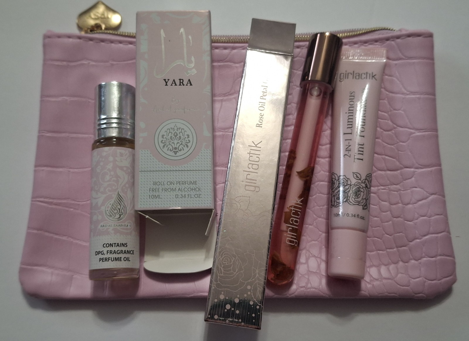 Girlactik 2‑in‑1 Tint Foundation F2Light & Rose Oil Petal Lip Gloss Yara Roll On
