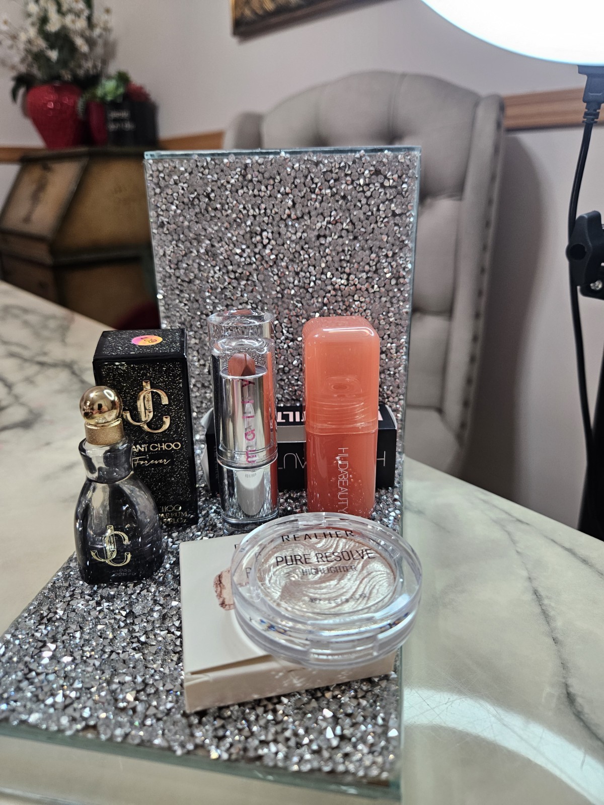 Jimmy Choo I Want Choo, REALHER Highlighter, Huda Beauty Lipstick Lot 4