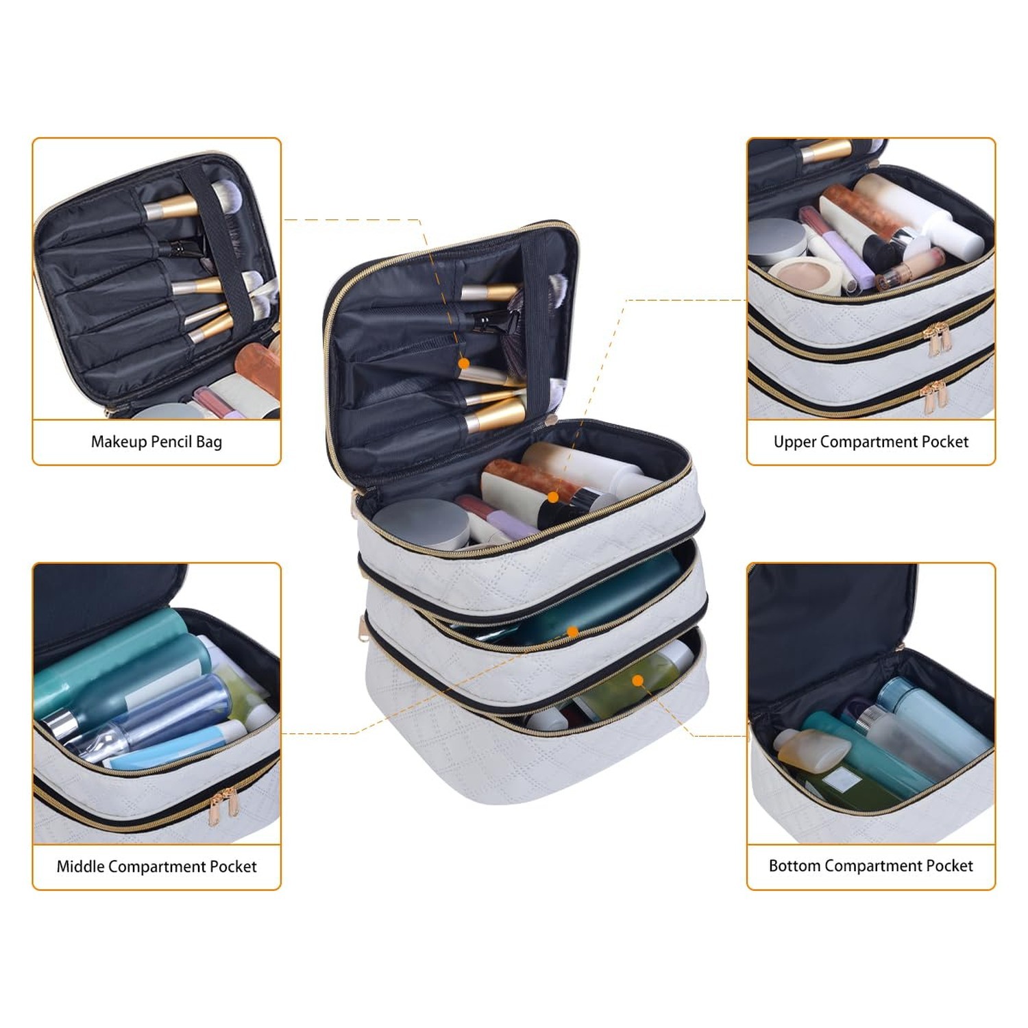 Large Makeup Bag 3 Layers with Handle Travel Organizer Case(Beige) | Large Ma…