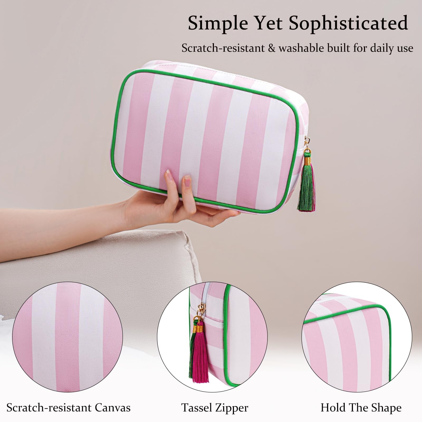 Large Stripe Canvas Zipper Makeup Bag,Aesthetic Tassel Travel Cosmetic Bag,Co…