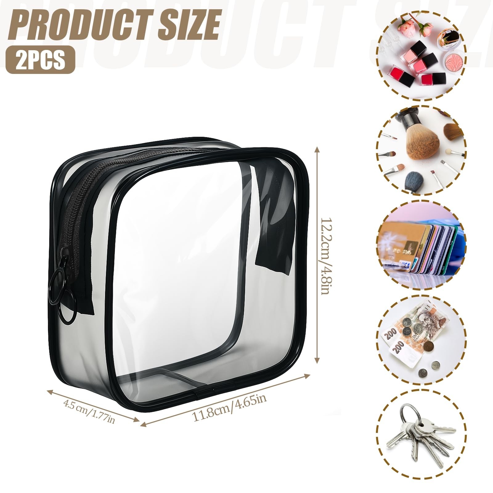2 Pcs Small Clear Makeup Bag Mini Makeup Zipper Pouch Black Cosmetic Bag Make…