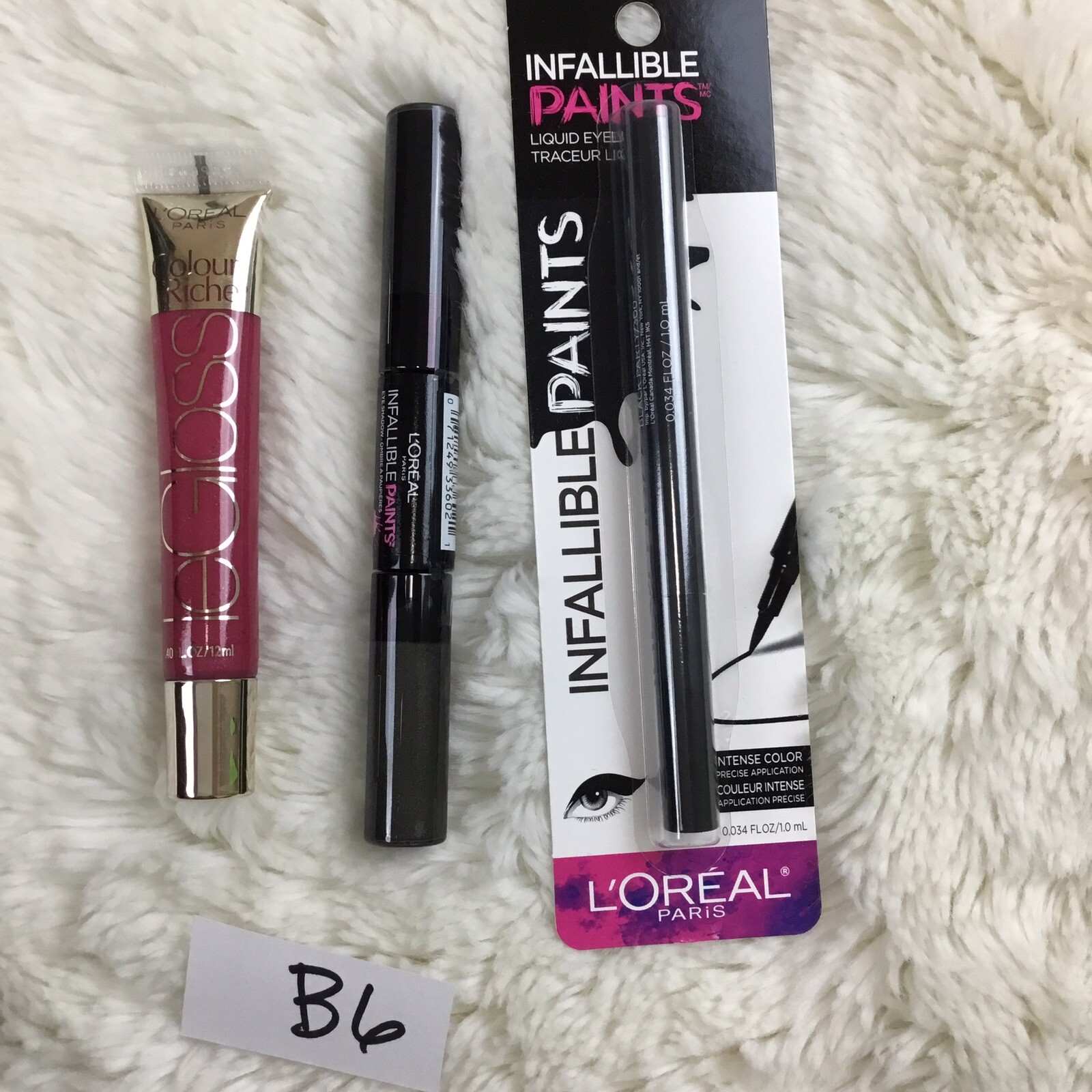 L’oreal 3 Pc Le Lip Gloss Violet, Black/Charcoal Liquid Eye Shadow Eye Liner B6