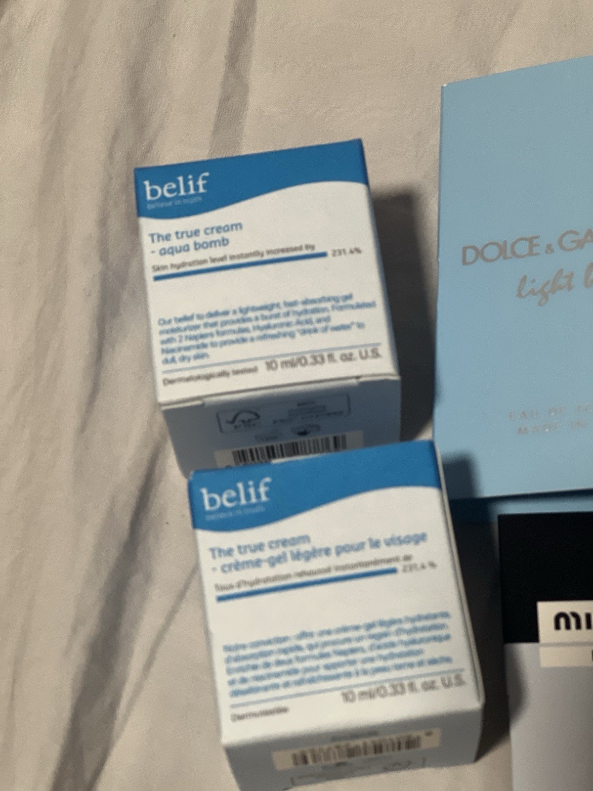 Dolce & Gabbana Light Blue, Miu Miu Miutine, belif Aqua Bomb Sample Lot
