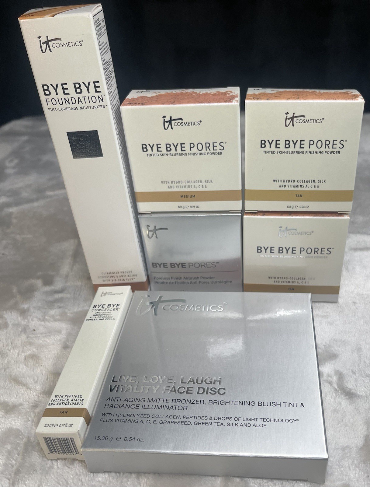 Bye Bye Makeup: Lot of 7. Foundation Tan,Concealer Tan,Finishing Powders Tan/med