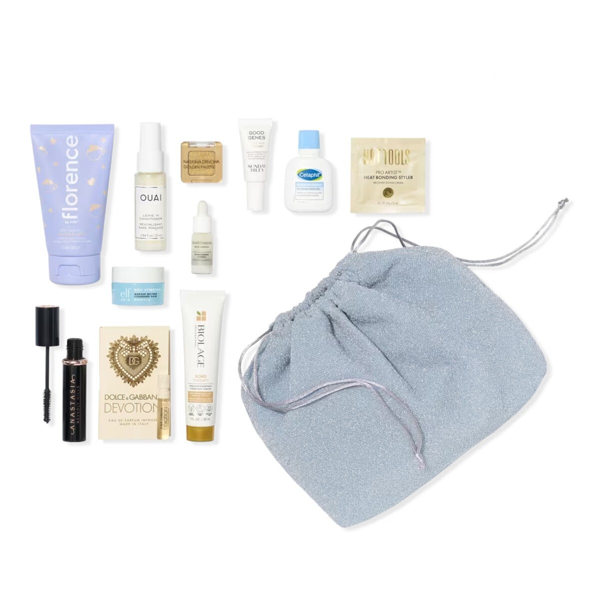 ULTA Beauty 13 Peace DELUXE Sample Set Makeup Face Hair Skin Care Ice Blue Bag