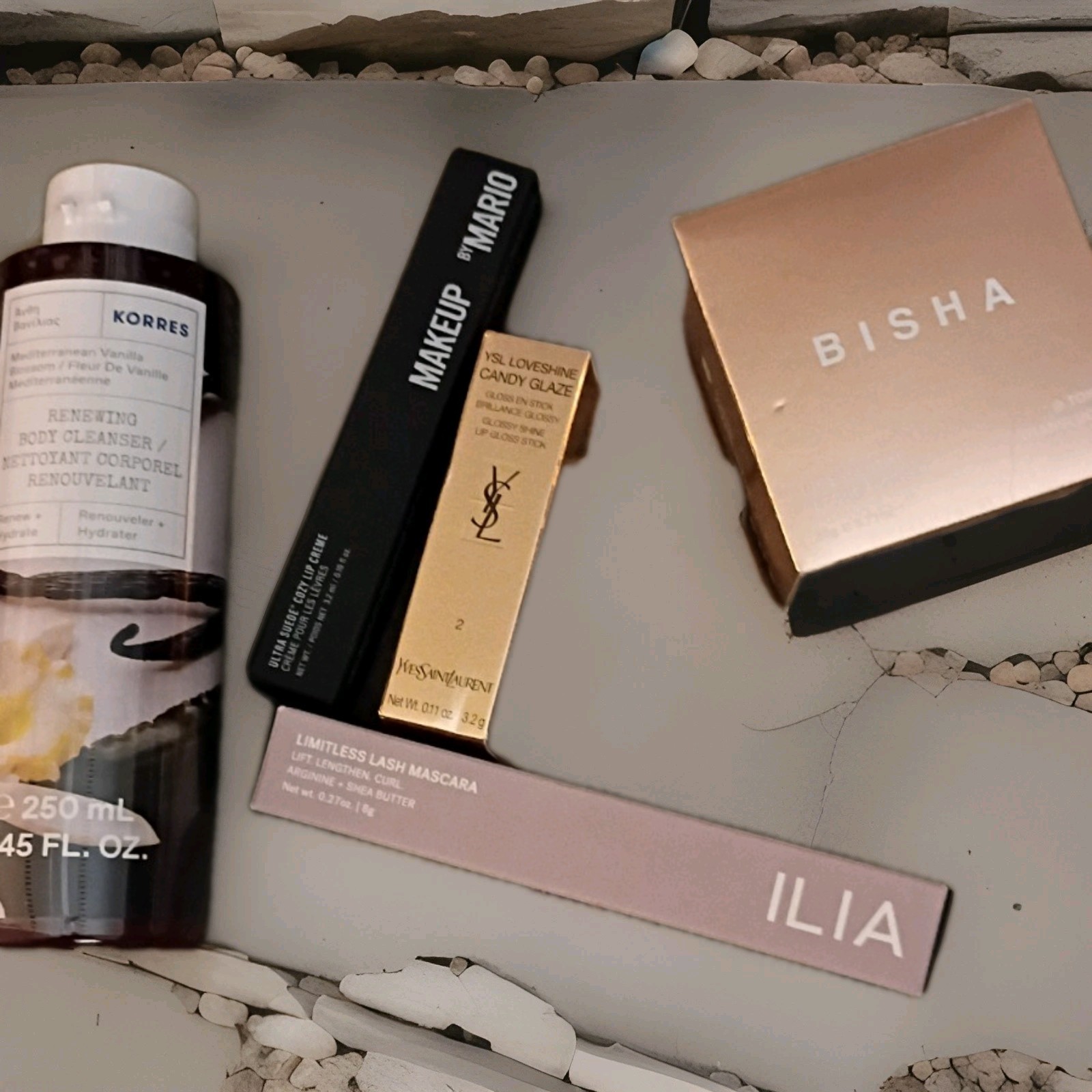 Mixed Brands Makeup Lot: Korres Cleanser, YSL Candy Glaze, ILIA Mascara, Mario