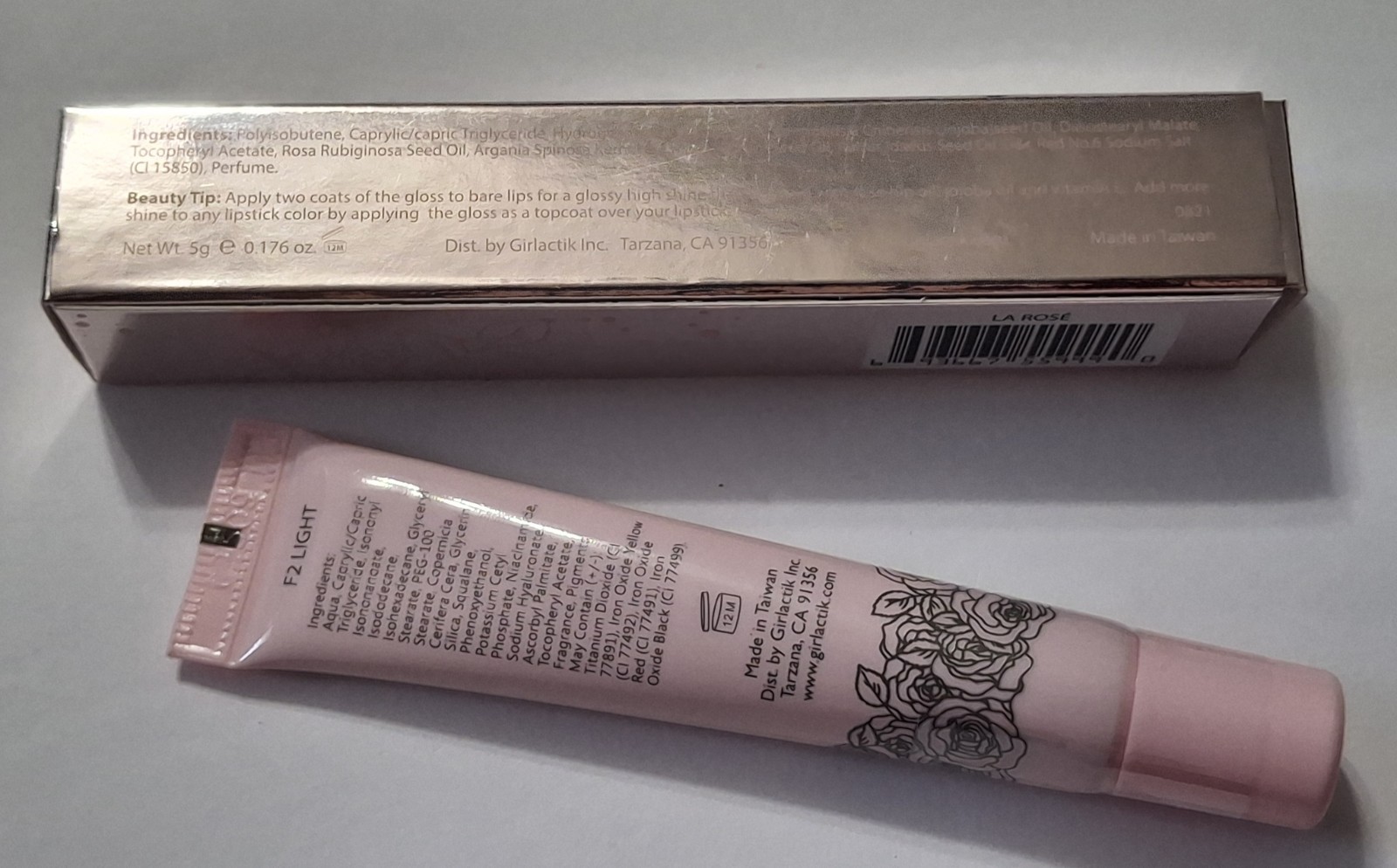 Girlactik 2‑in‑1 Tint Foundation F2Light & Rose Oil Petal Lip Gloss Yara Roll On