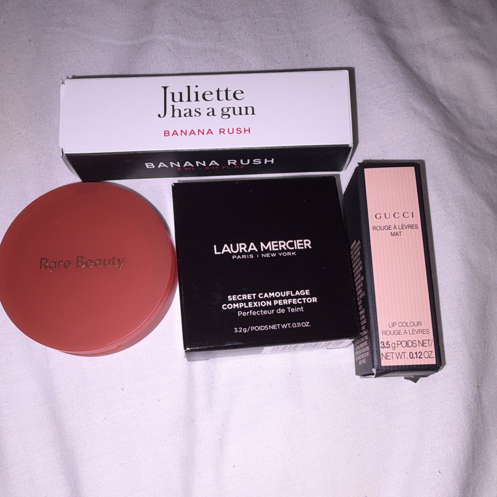 Mixed Brands Makeup & Fragrance Lot: Gucci Matte, Rare Beauty, Laura Mercier