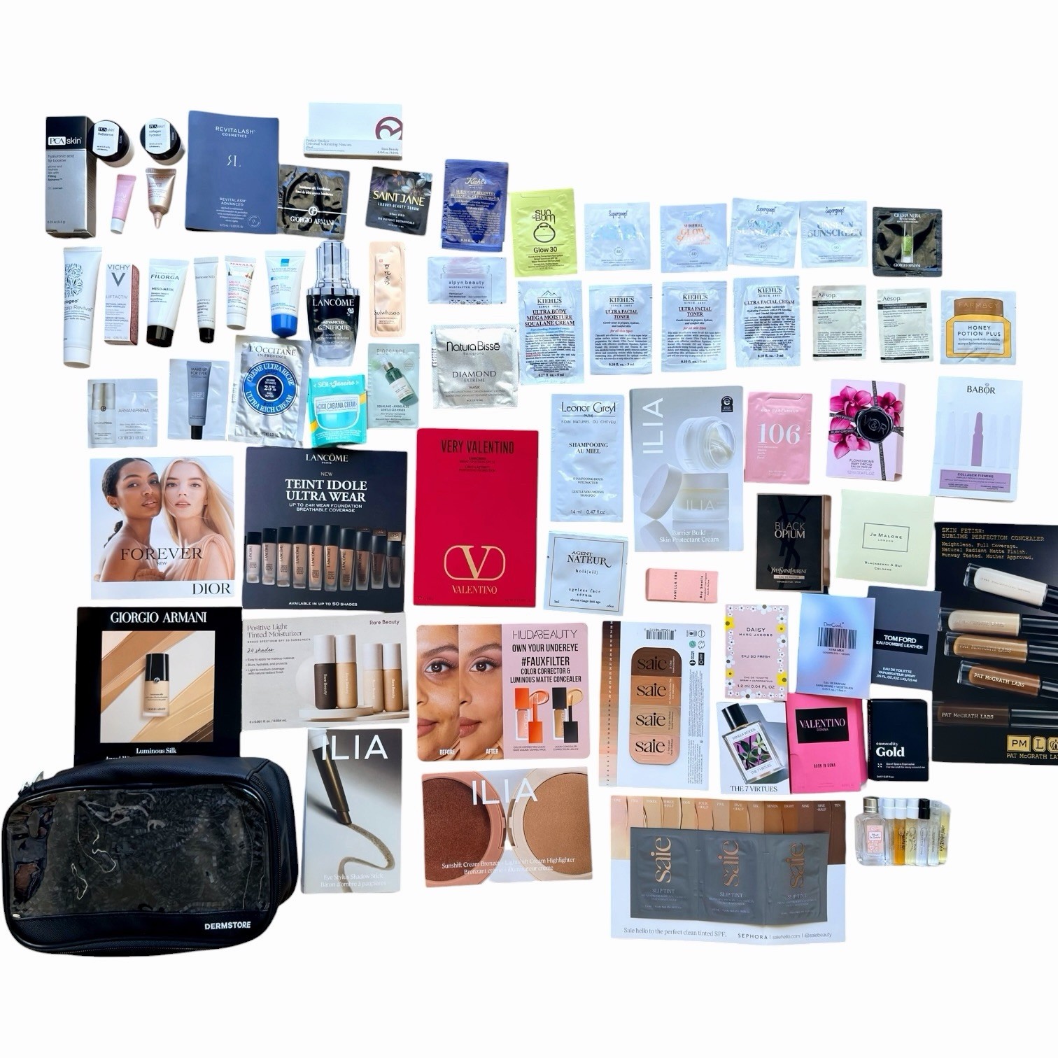 GIANT Lot of 71 Luxury Beauty Samples Skincare Make Up Perfume + Cosmetic Bag