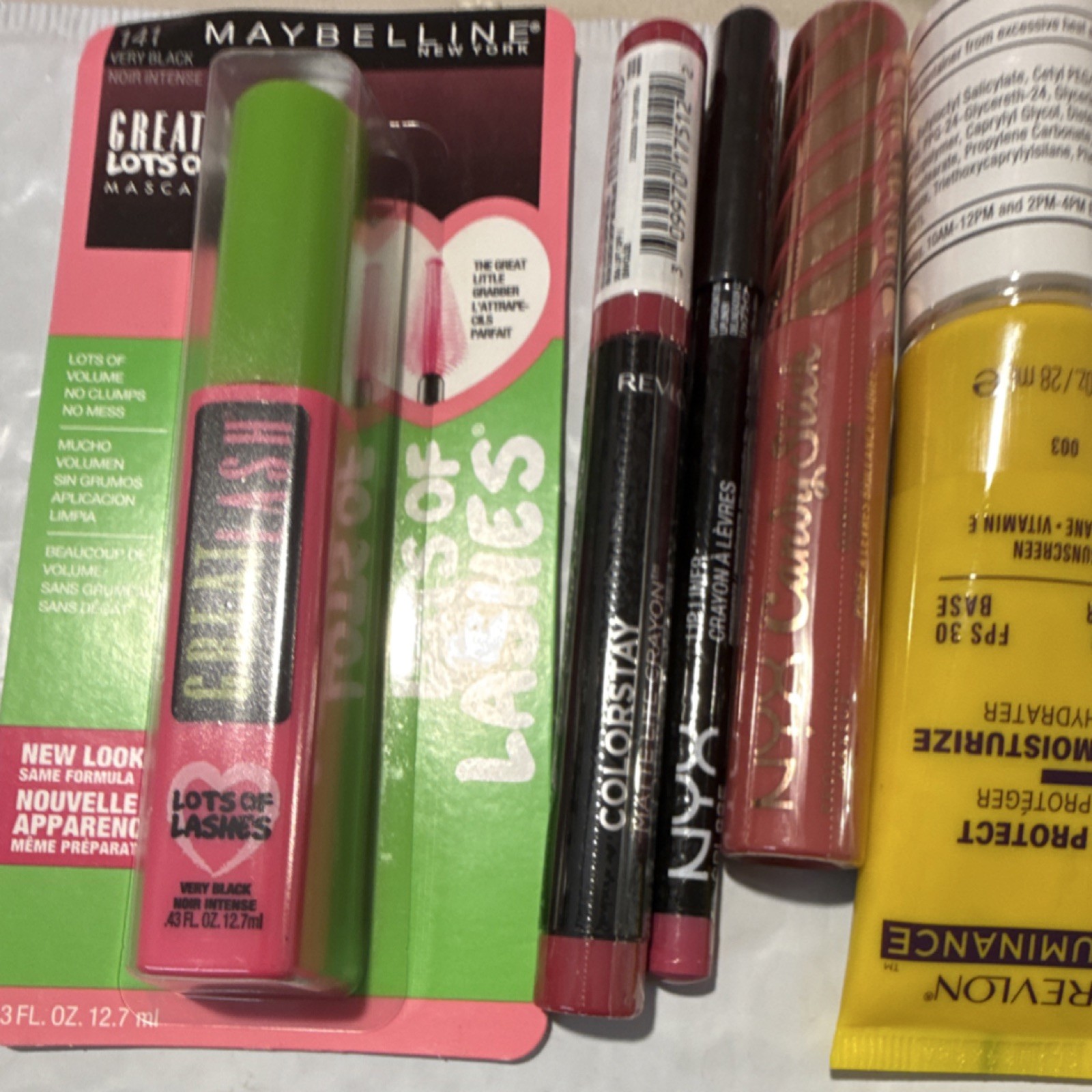 Maybelline Great Lash, NYX Candy Slick, Revlon Illuminance SPF 30, Full Size Lot