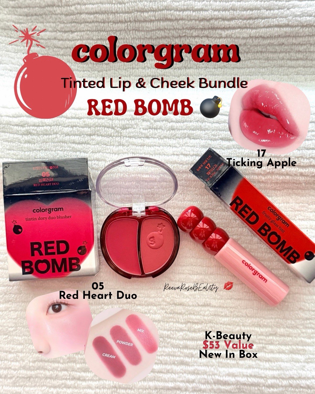 Colorgram RED BOMB K-Beauty Lip Tint & Red Heart Duo Blusher Bundle BNIB