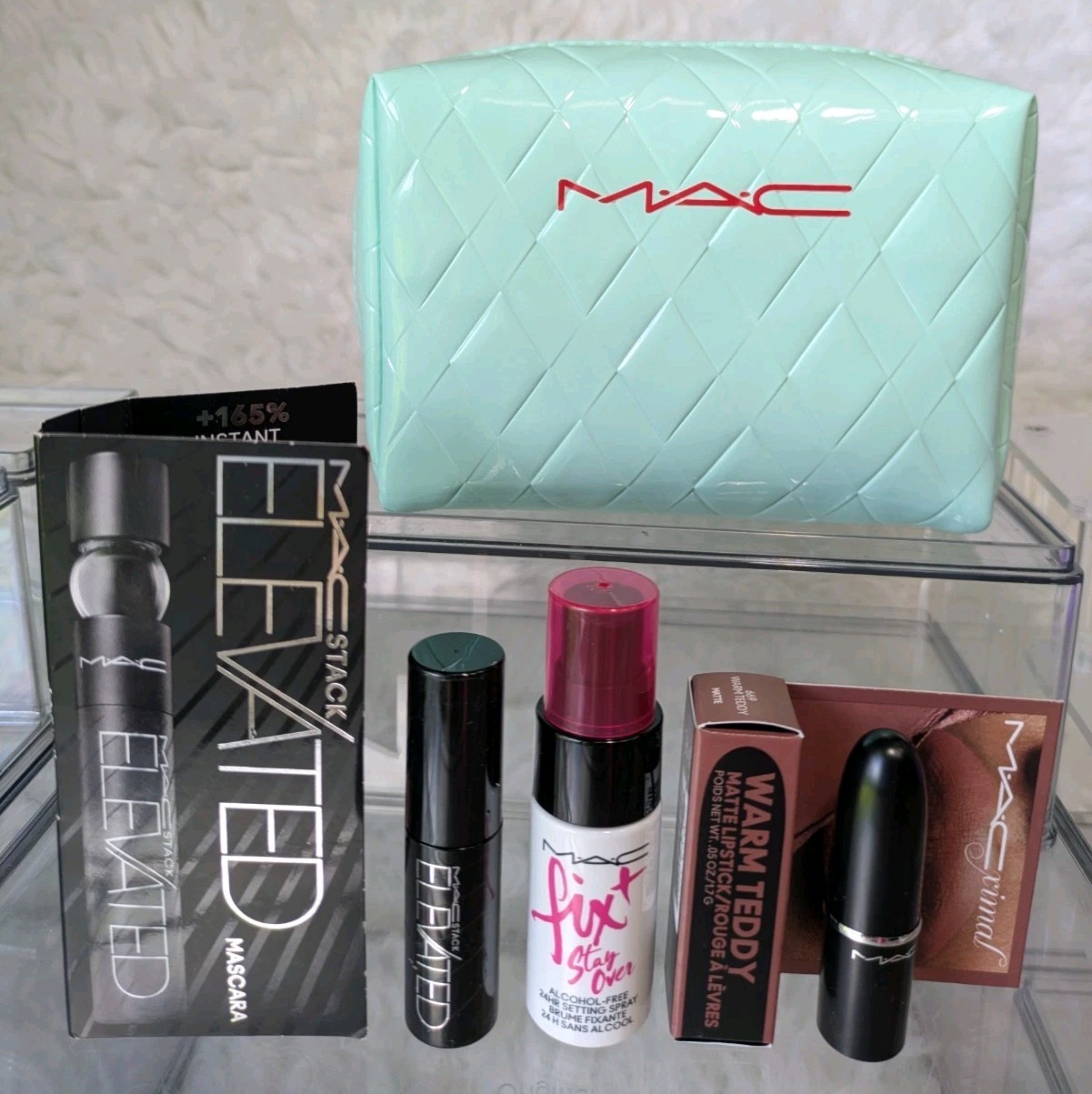 MAC Lot of 4 Warm Teddy Lipstick, Mascara, Setting Spray, & Tiffany Green Pouch