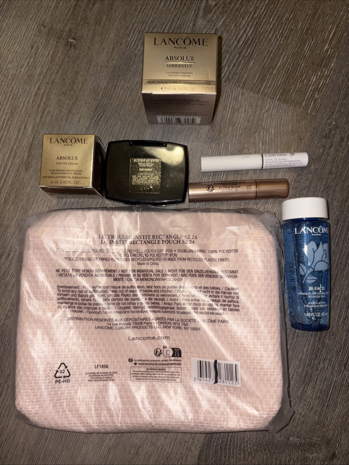 Lancôme Beauty Lot Absolue Soft Cream 15ml+Eye Cream+Blush Subtil+Bi-Facil+Pouch
