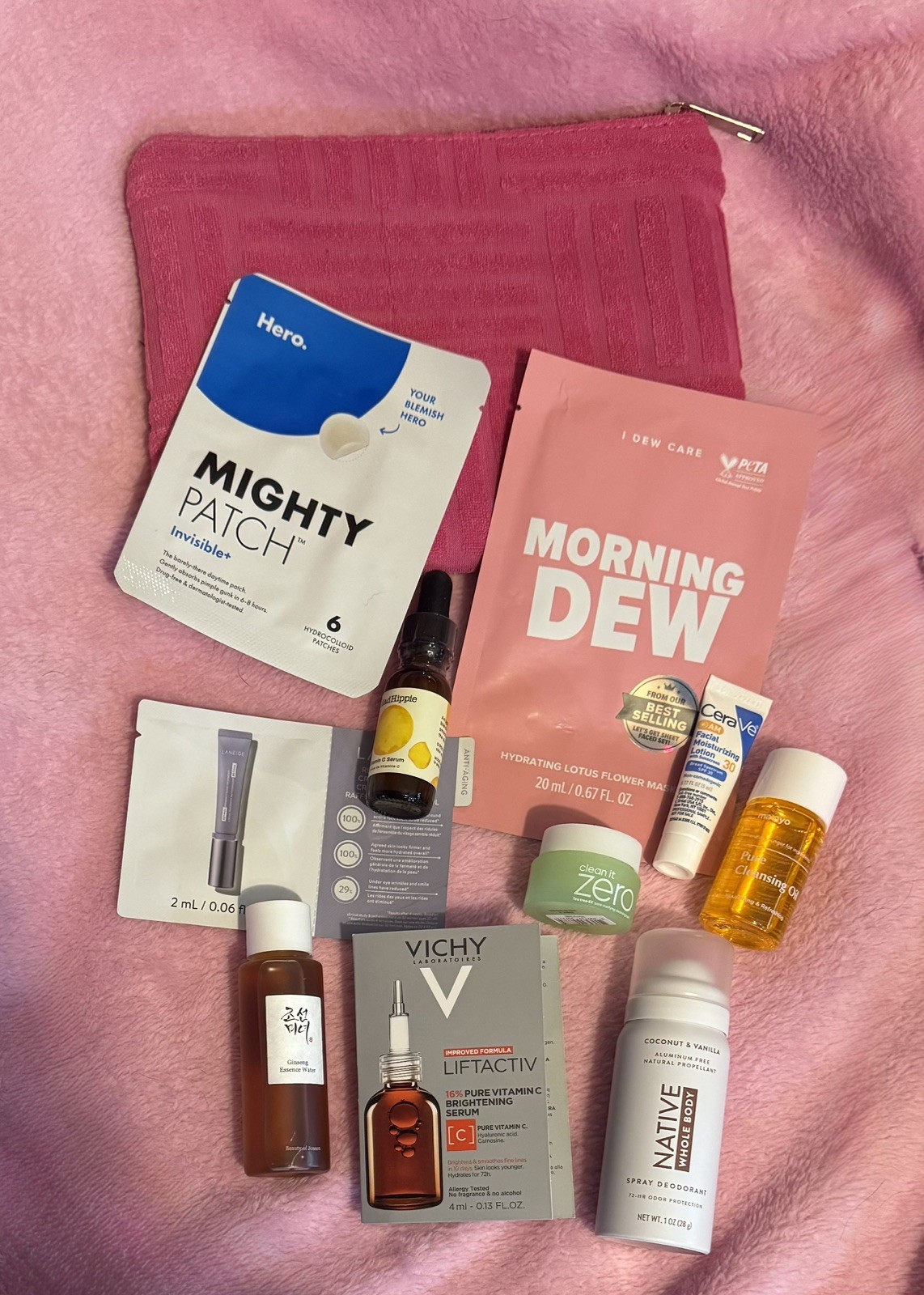 Large Lot of Beauty Samples & Pink Cosmetic Bag, Native, Vichy, Hero, Cerave, +