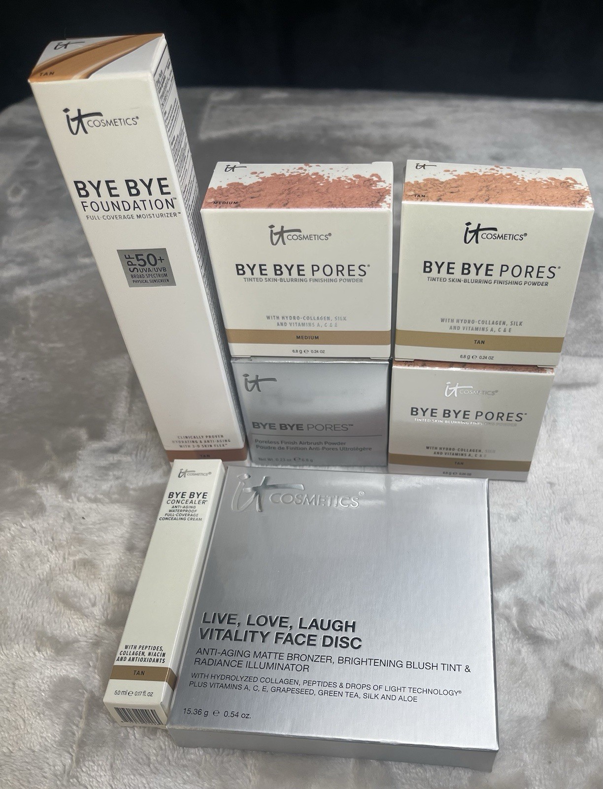 Bye Bye Makeup: Lot of 7. Foundation Tan,Concealer Tan,Finishing Powders Tan/med