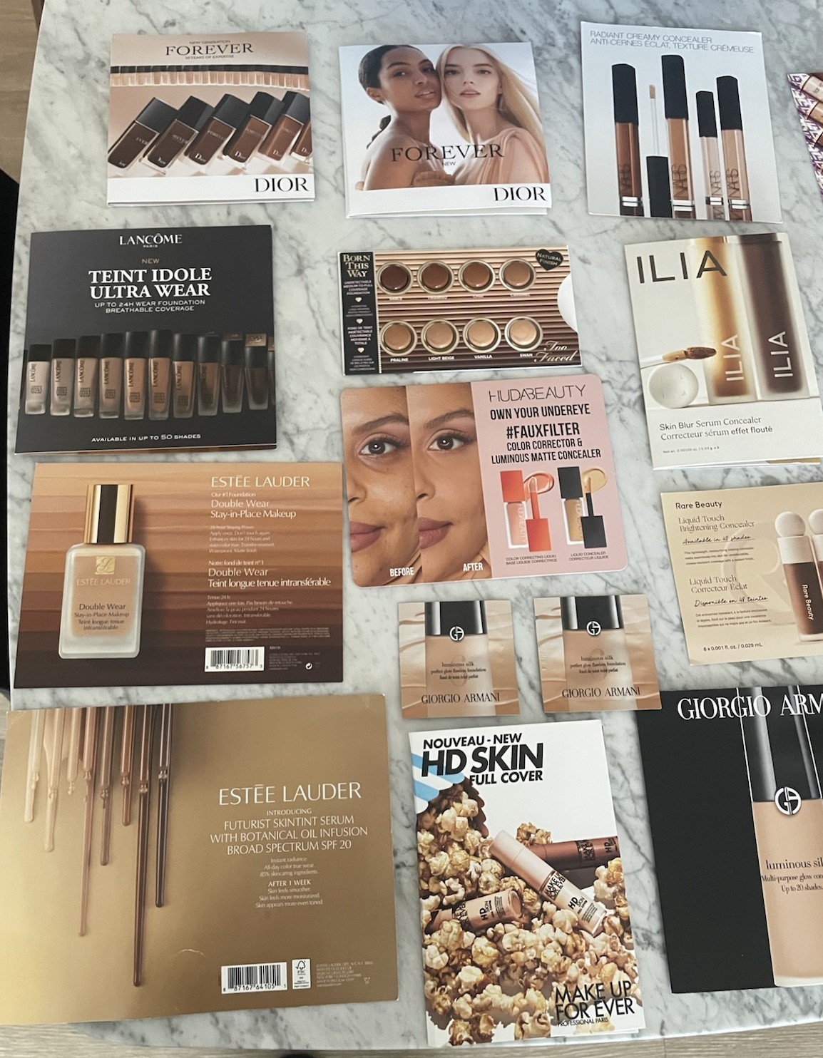 Assorted Sample Size Concealer & Foundation Cards: Dior Lancôme Estée Lauder