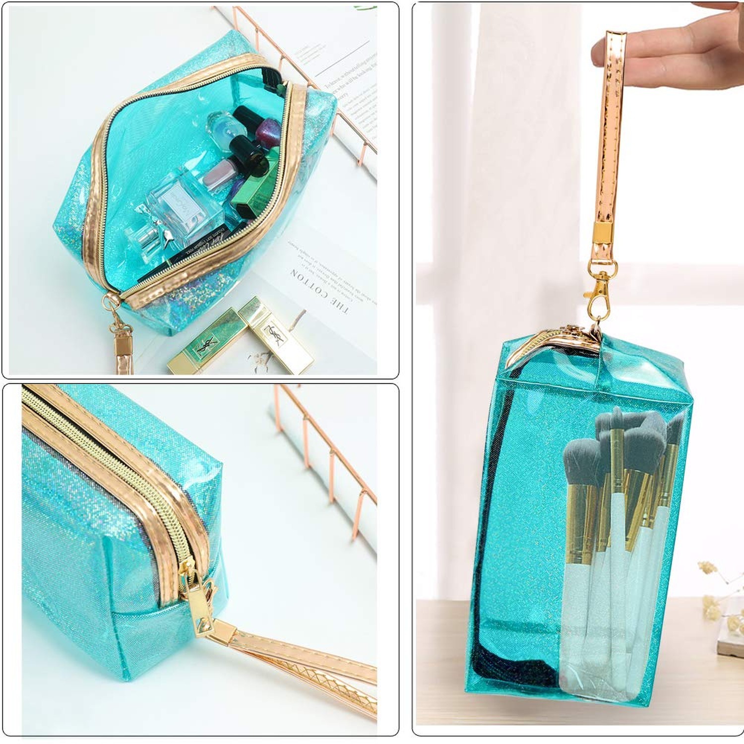 Meetory 5 Pack Waterproof Cosmetic Bag Portable Translucent Makeup Bag Zipper…