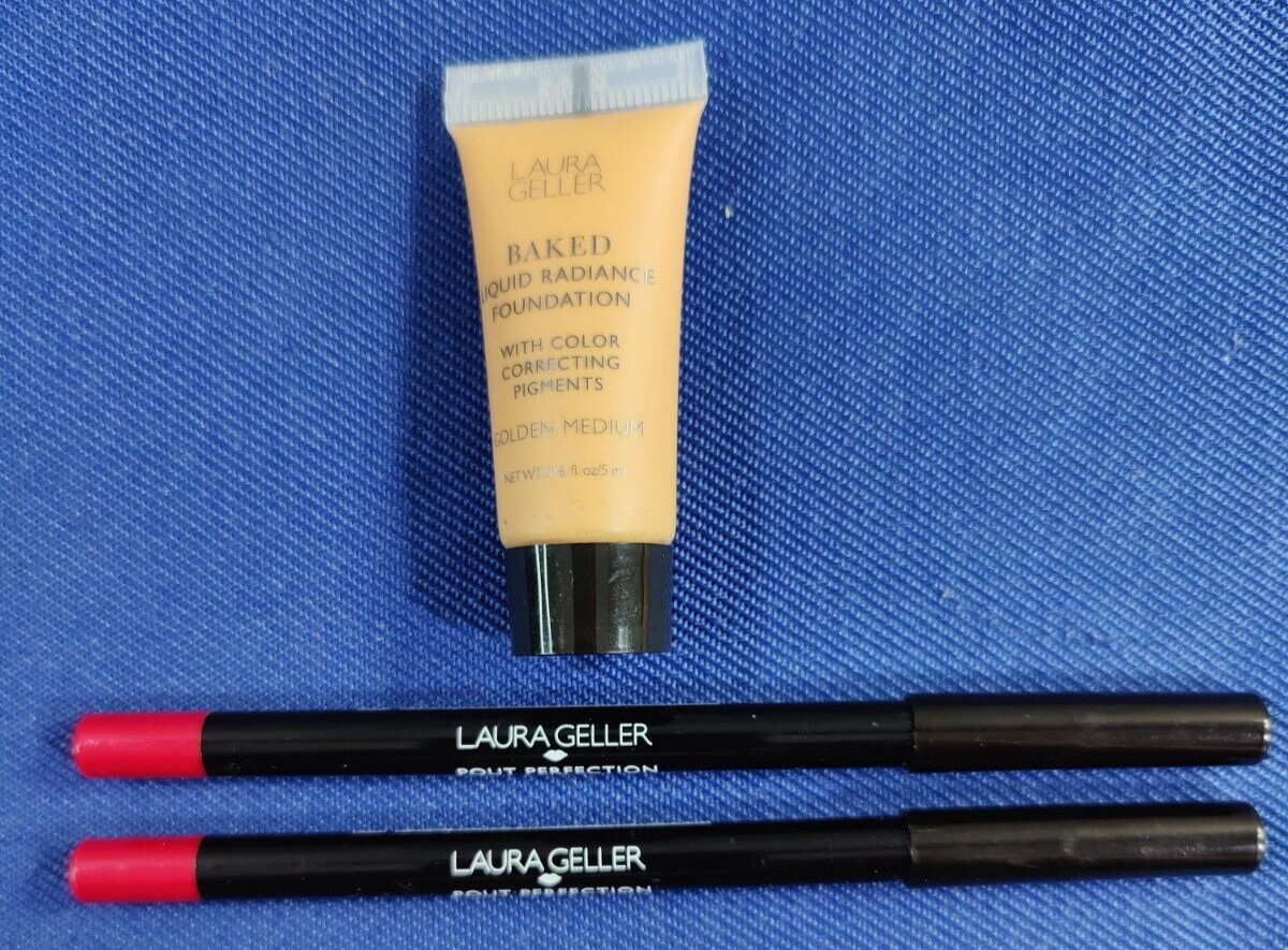 NEW LOT OF 3 LAURA GELLER BAKED LIQUID FOUNDATION & LIP LINER TRAVEL/SAMPLE SIZE