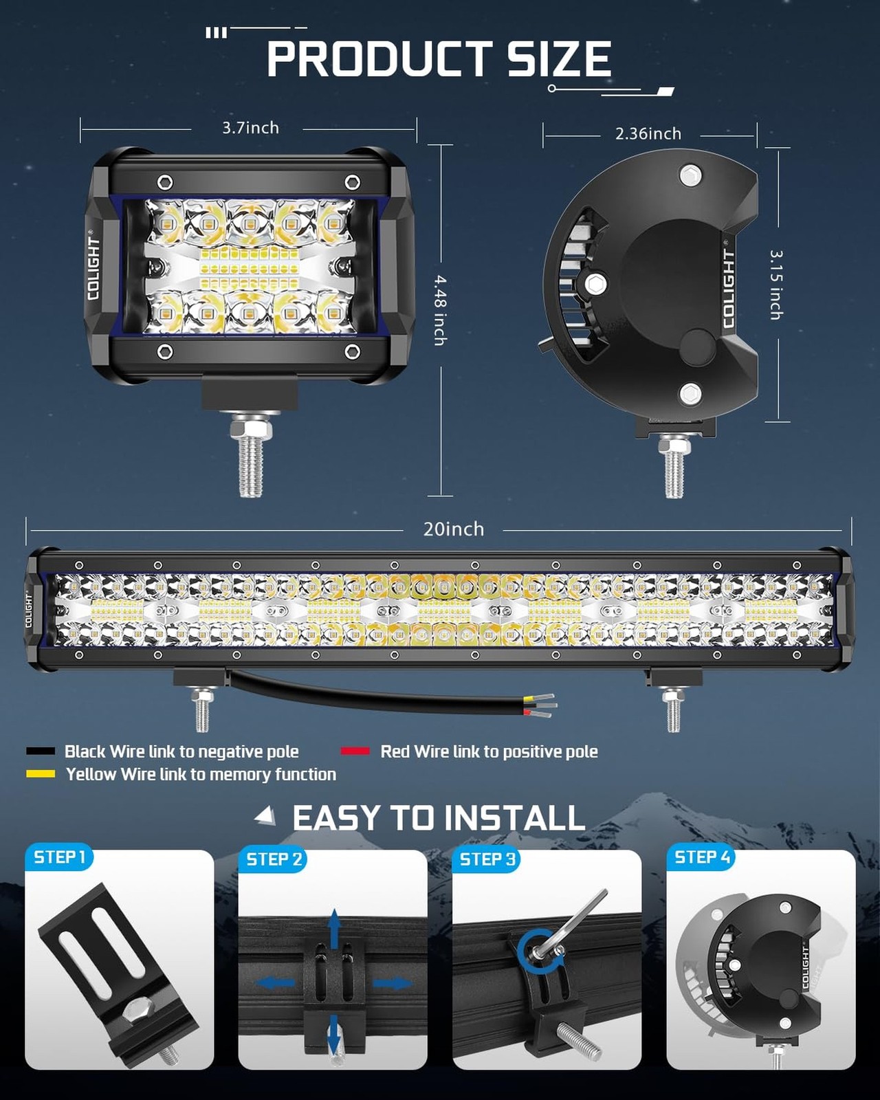 CO LIGHT 20 Inch LED Light Bar Combo with 2×4 Inch LED Pod | White Amber Stro…