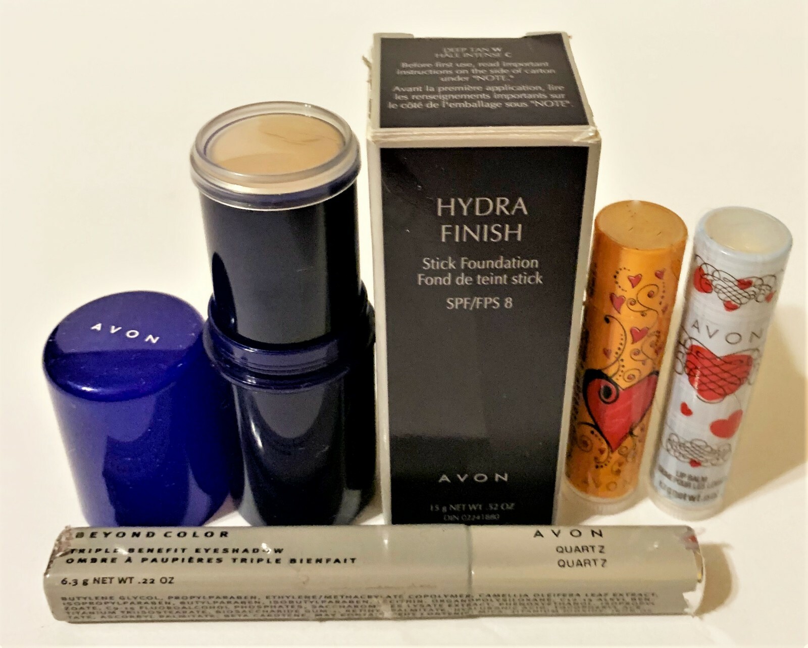 Avon Foundation – Hydra Finish Deep Tan, Lip Balms, Beyond Color Eye -Quartz