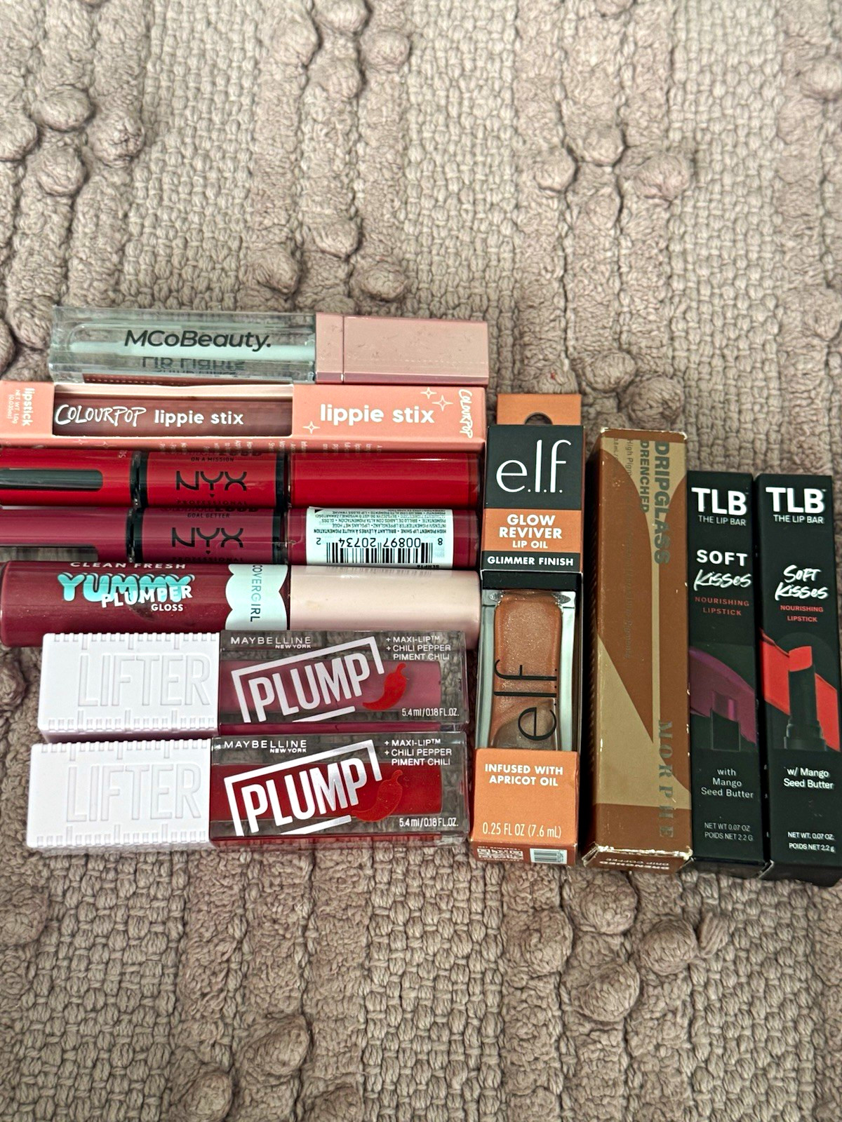 Assorted Lip Makeup Lot e.l.f. Glow Reviver Lip Oil, NYX, ColourPop, TLB, Morphe