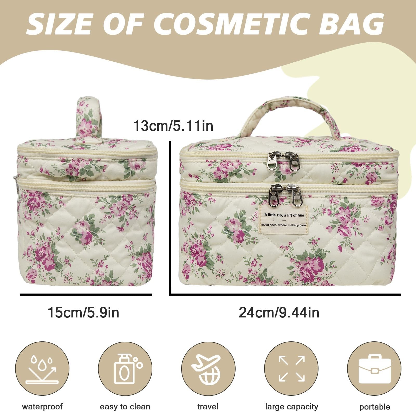 Large Quilted Makeup Bag, Large Floral Cosmetic Bag for Women, Cute Cotton Ma…