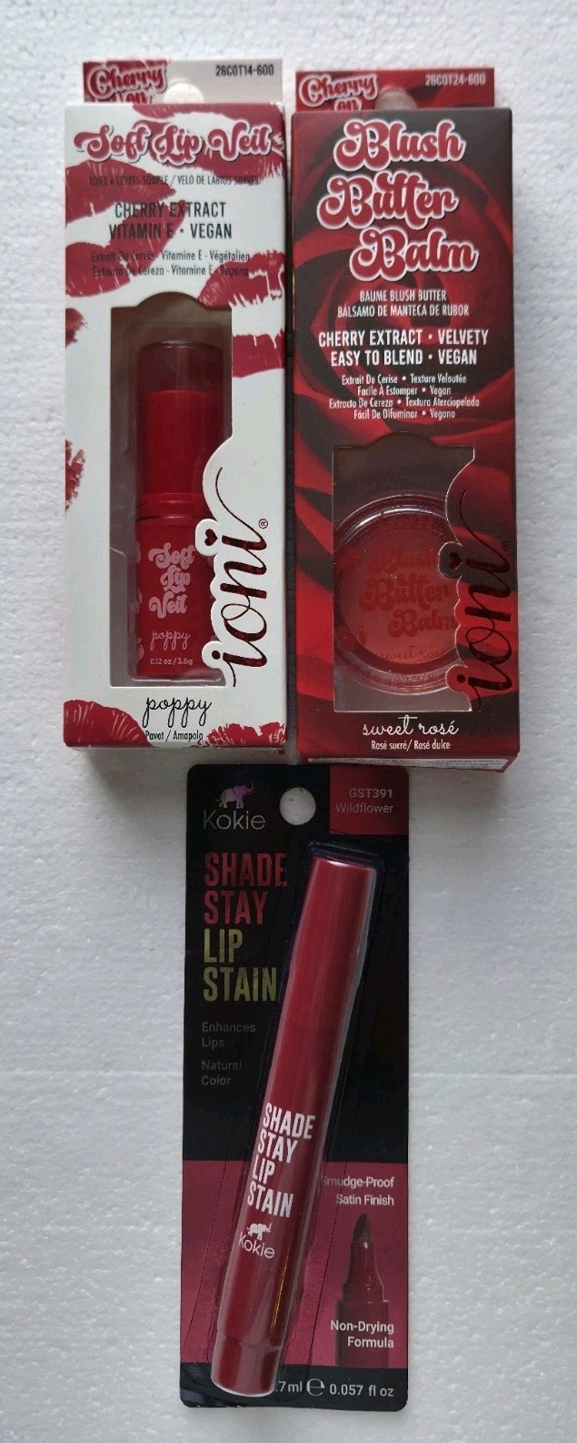 NIB Kokie Lip Stain Wildflower/Ioni Soft Lip Veil Poppy/Blush Balm Sweet Rosé