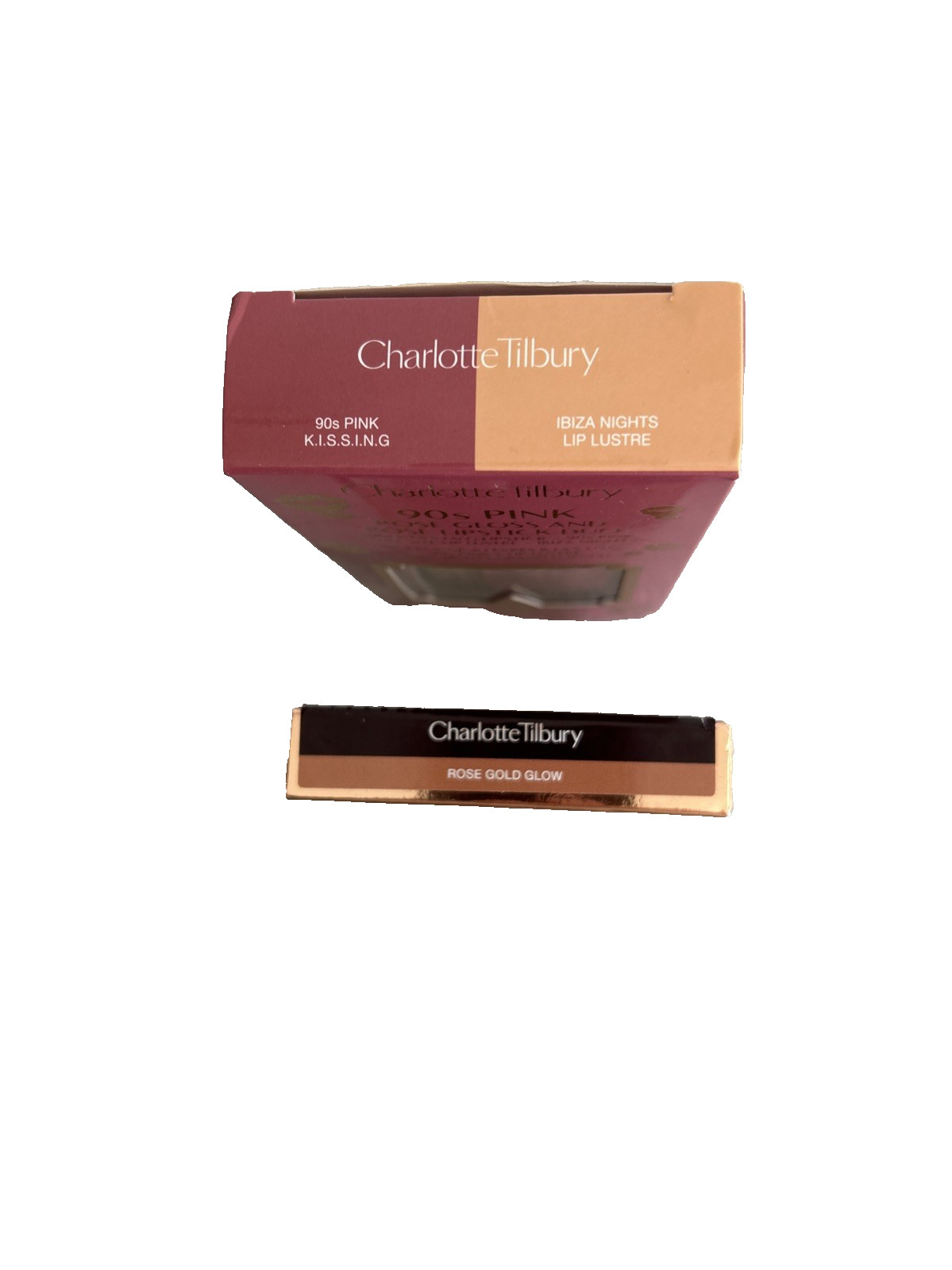 Charlotte Tilbury LOT of 2 Rose Gold Glow Highlighter, 90s Pink Lipstick & Gloss