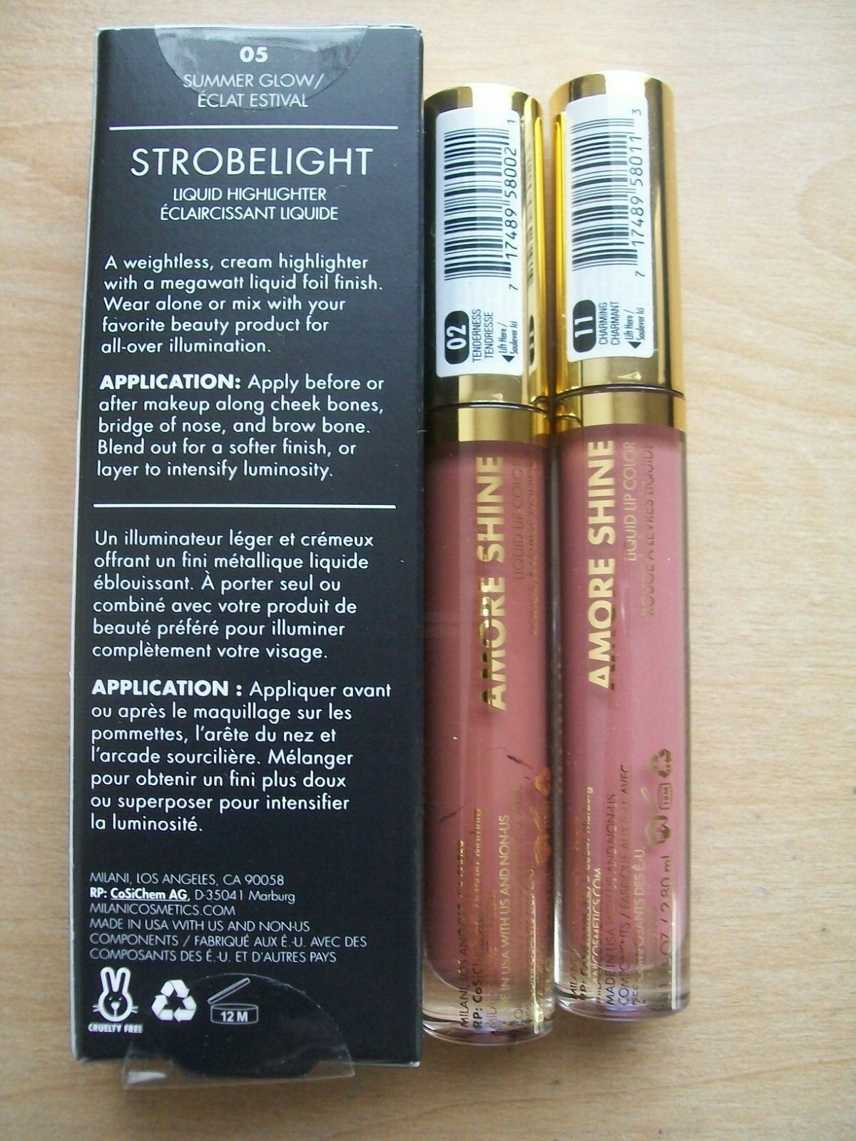 Milani Strobe Light Liquid Highlighter & Amore Shine Liquid Lip Color Duo Lot