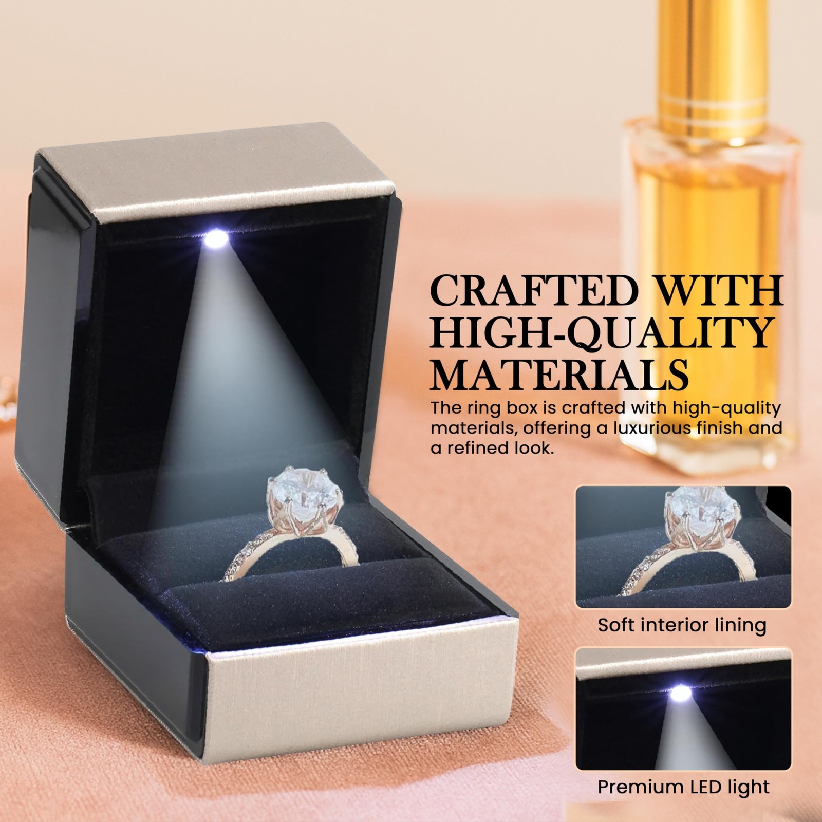 Novel Box Square Shaped Gold Ring Box With LED Light 2.25X2X2.5 Inches – Jewe…