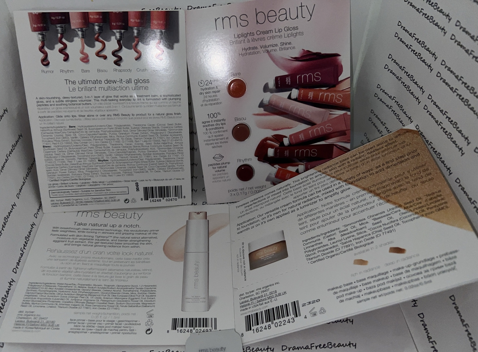 RMS Beauty Makeup 8 pc Lot Primer, Master Radiance Base, Liplights Lip Gloss Set
