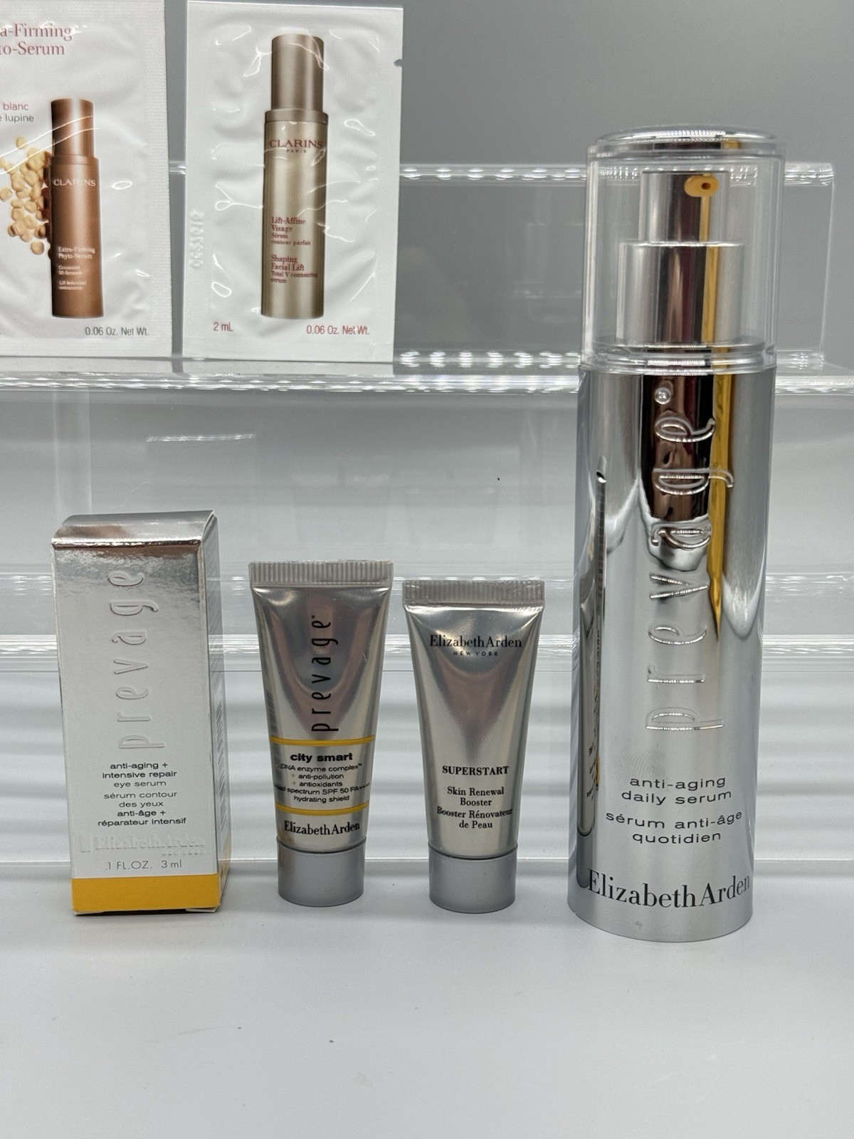 LOT OF 9 ELIZABETH ARDEN / CLARINS PARIS BEAUTY PRODUCTS PREVAGE ANTI AGING+MORE
